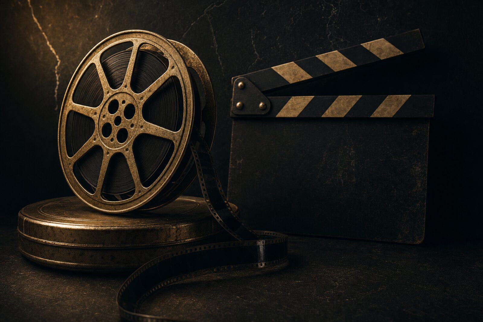 Brass film reel and clapperboard in warm light
