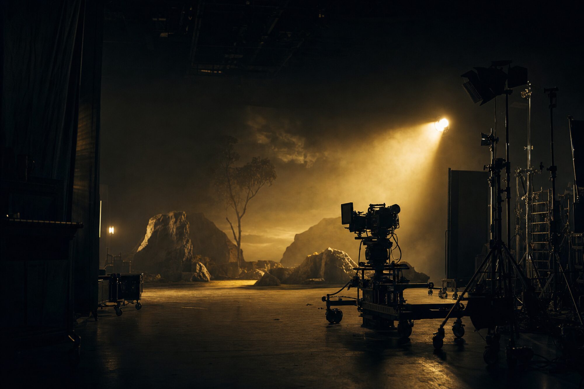 Cinematic sound stage at night lit by a single warm beam