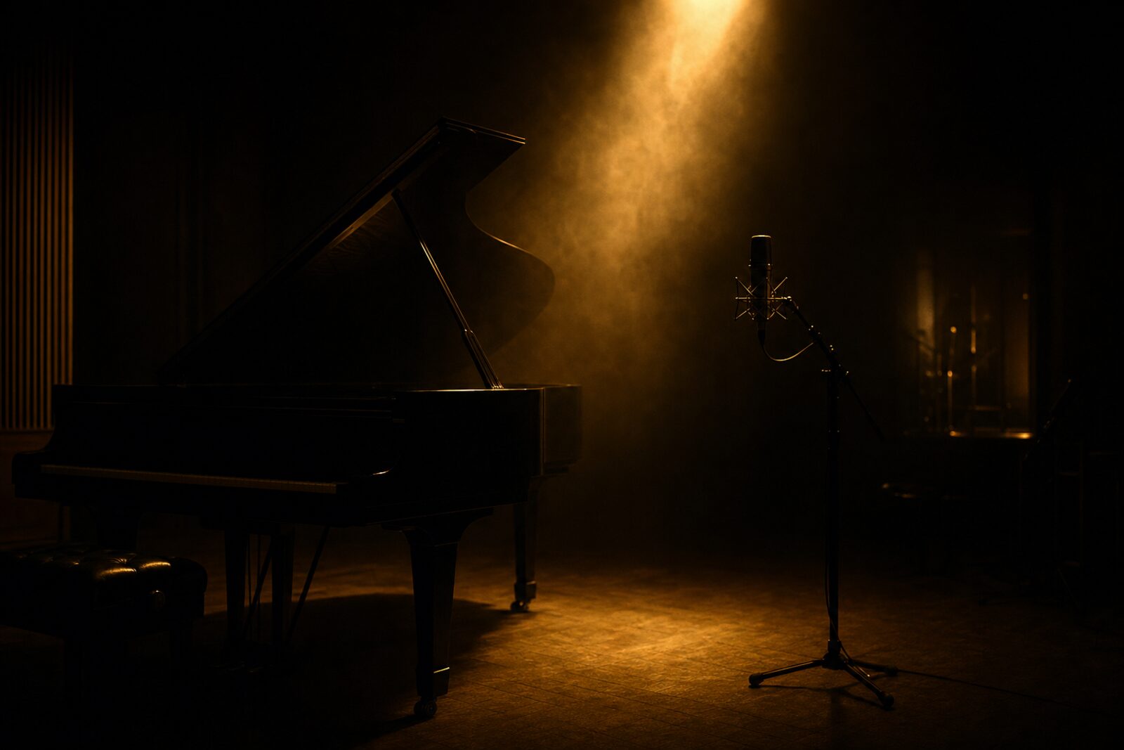 Grand piano and microphone on a scoring stage in warm light