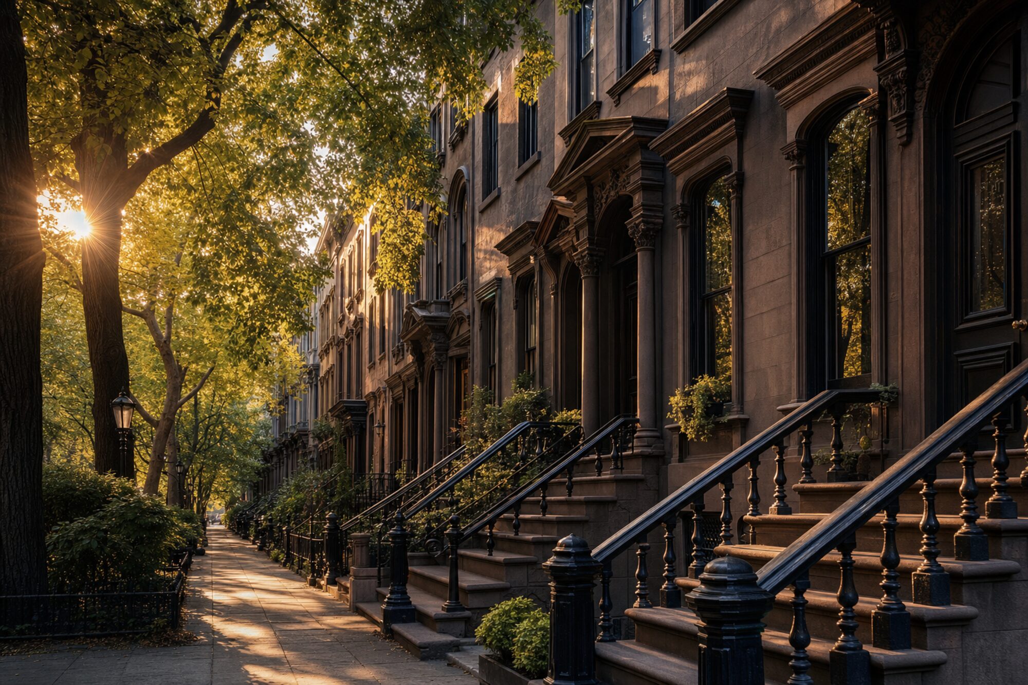 Classic Brooklyn brownstone architecture at dusk