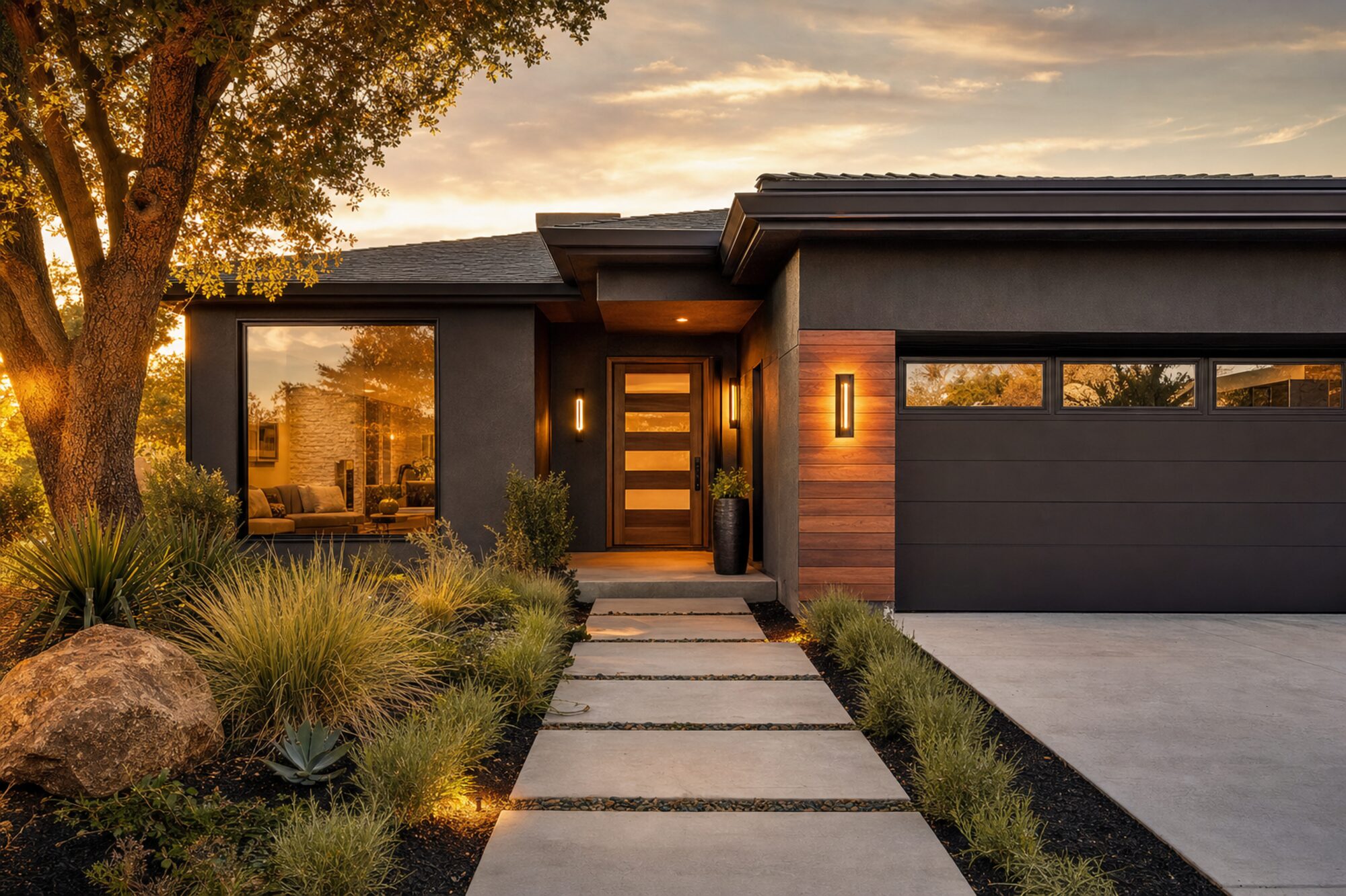 Beautifully renovated modern residential home exterior at dusk